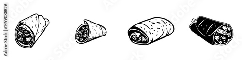 Various flat black icons representing different styles of wrapped food items with intricate details