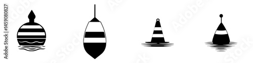 Different styles of flat black buoy icons designed for water navigation applications or marine themes
