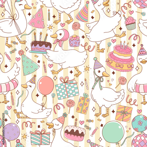 Happy Birthday Party Silly Goose Seamless Pattern Isolated on Yellow Long Stripes Background Vector