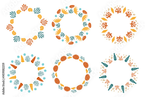 Summer Beach Frames with Seashells Set. Round Borders with Seaweeds Shells bubbles Corals Pebbles. Tropical Fun Wreath collection for cards and invitation. Vector illustration