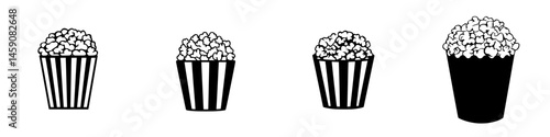 Different styles of popcorn containers shown in a minimalist design with various sizes and shapes
