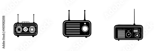 Different styles of vintage radios showcasing unique designs and features in a black and white illustration