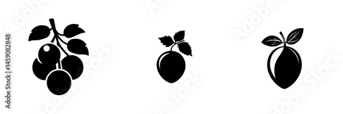 Silhouette designs of various fruits with leaves on a plain background showcasing simplicity and elegance in fruit art
