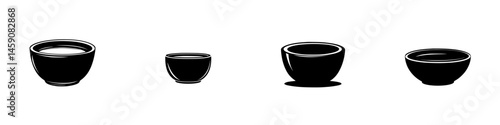 Collection of black bowls showcasing different sizes and shapes on a white background, displayed in a minimalist style