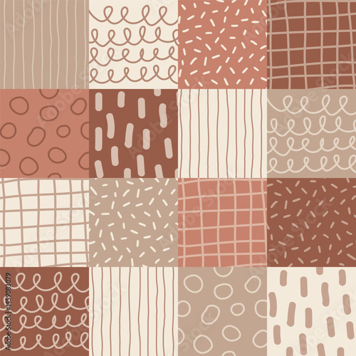 Beige seamless patchwork pattern with terracotta grids, loops, stripes and dots for background, textile, wallpaper and packaging