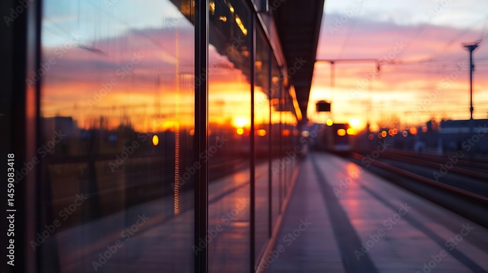 Fototapeta premium Sunset reflected in the glass panels of a modern train station platform, showcasing a blurred cityscape and the warm colors of the evening sky. : Generative AI