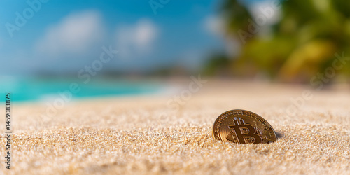Fototapeta Naklejka Na Ścianę i Meble -  Golden Bitcoin partially buried in beach sand, tropical ocean background. Represents cryptocurrency, finance, summer, vacation, investment
