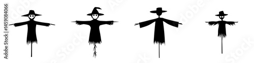 Scarecrows standing in a row, showcasing various designs for autumn harvest decoration