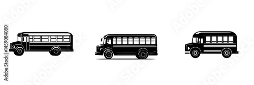 Different styles of buses lined up, showcasing various designs and shapes in black silhouette