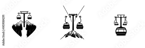 Unique cable car illustrations represent mountain travel and outdoor adventure experience during winter activities