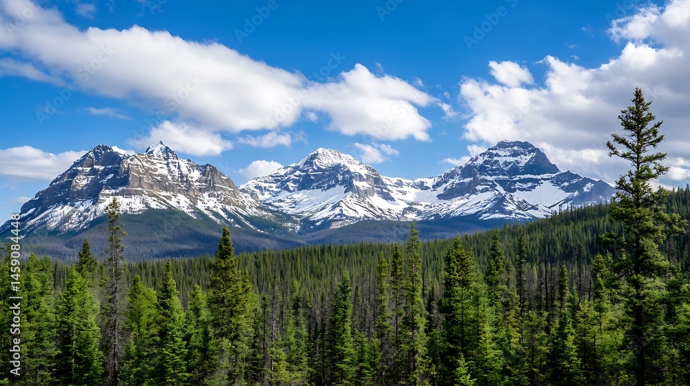 Obraz premium Majestic snow-capped mountain peaks rise above a dense evergreen forest under a vibrant blue sky, creating a breathtaking natural landscape. : Generative AI