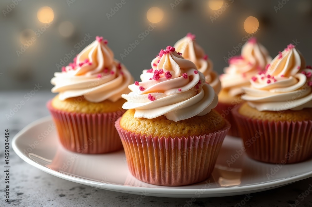 Pink frosted cupcakes with white sprinkles on a plate Pink frosted cupcakes with white sprinkles on a plate