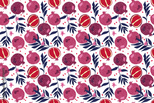 Seamless Pomegranate Pattern. Whole and chopped fruits with leaves. Vector Food template for design, diet concept, farmers market. Repeated background for wallpaper, textile, wrapping paper 