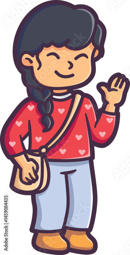 Little girl waving in school outfit Vector Illustration Icon. Flat Cartoon Style