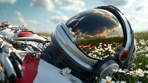 A man in a space suit laying in a field of daisies 01