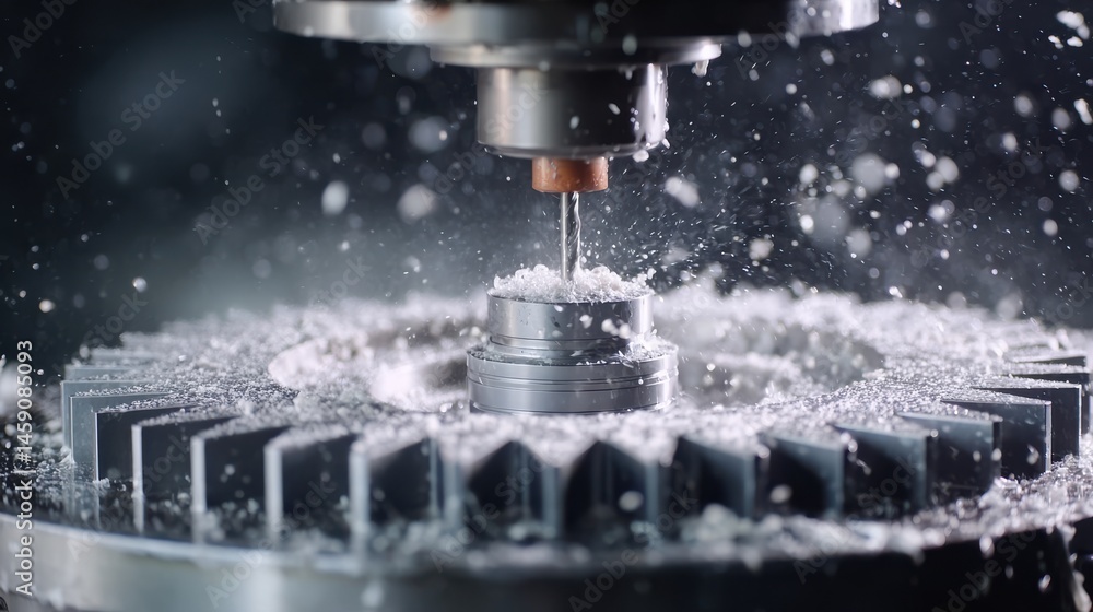 A 4K photo of precision Machining CNC Mill Carving Gear with Industrial Automation in Dynamic Time-Lapse Sequence. A 4K photo of precision Machining CNC Mill Carving Gear with Industrial Automation in Dynamic Time-Lapse Sequence.