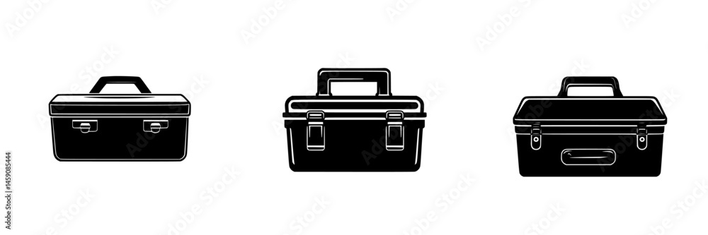 Different styles of toolboxes displayed side by side in a simple design highlighting functionality and versatility in tool organization Different styles of toolboxes displayed side by side in a simple design highlighting functionality and versatility in tool organization