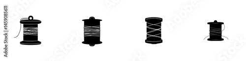 Silhouette of sewing thread spools displayed in a row on a white background showcasing different designs