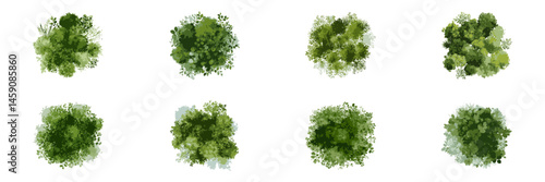 Collection of Overhead Shrubs and Green Bushes in Watercolor Style. Ideal for Garden Design, Eco Architecture, and Landscaping Layouts. Isolated Vector Illustration