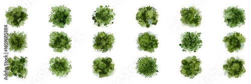 Set of Watercolor Bush Tops for Landscape Architecture and Urban Garden Planning. Eco-Friendly Nature Elements for Green Design Projects. Isolated Vector Illustration