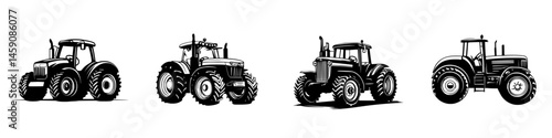 Different models of tractors showcased side by side on a white background highlighting agricultural machinery diversity