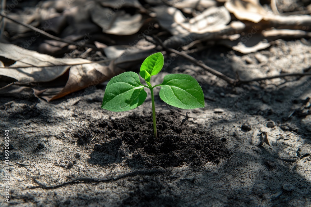 Tiny sprout emerging from the earth, amidst fallen leaves. A small green plant pushing through the dark soil Tiny sprout emerging from the earth, amidst fallen leaves. A small green plant pushing through the dark soil