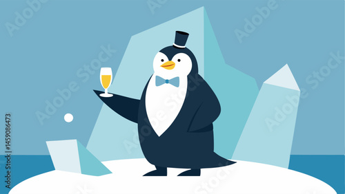 Sophisticated Vibe A penguin casually leaning against a fancy ice sculpture dressed in a dashing tuxedo. One flipper holds a glass of champagne while the other is playfully tipping