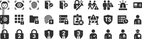Security access clearance glyph icon set. Vector pictograms of recognition, restriction, biometric, authentication, id card, pin, keypad, permission, black sign silhouette illustration.
