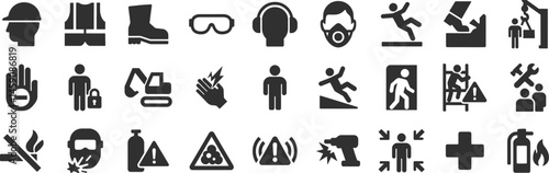 Construction site hazard glyph icon set. Vector pictograms of goggles, ear protection, respirator, mask, drill, emergency, assembly, fire, black sign silhouette illustration.