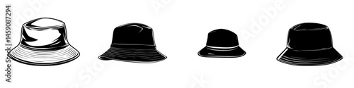 Collection of flat black bucket hats showcasing various styles and designs on a plain background
