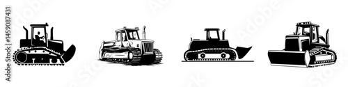 Flat black icons represent various types of bulldozers used in construction and earthmoving activities in industrial settings