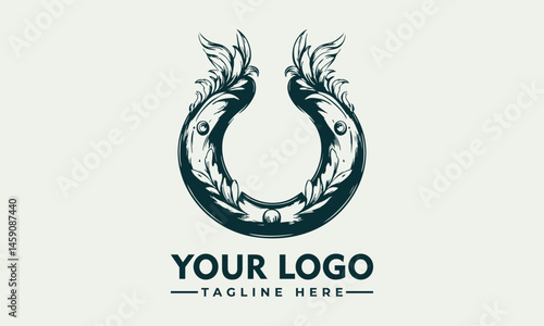 Ornate Metallic Horseshoe with Decorative Swirls and Studs Symbolizing Luck and Tradition. Decorative Object Concept