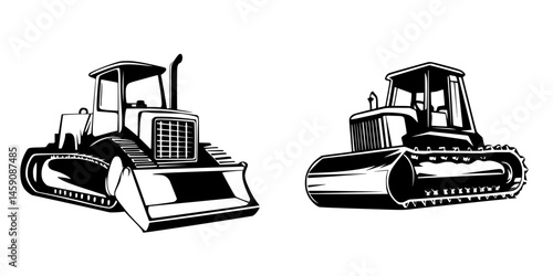 Flat black icons of two distinct bulldozers showcasing different designs and styles for construction activities