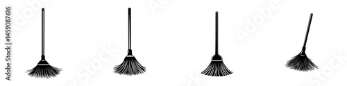 Various flat black broom icons representing different cleaning tools used for tidying up spaces indoors and outdoors