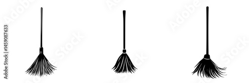 Various flat black broom icons representing different styles and shapes for cleaning tasks in minimalistic design