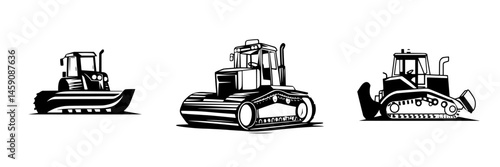 Collection of flat black icons depicting different types of construction vehicles for various tasks and terrains