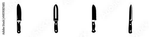 Collection of flat black knife icons showcasing various styles and designs for culinary use in kitchen graphics
