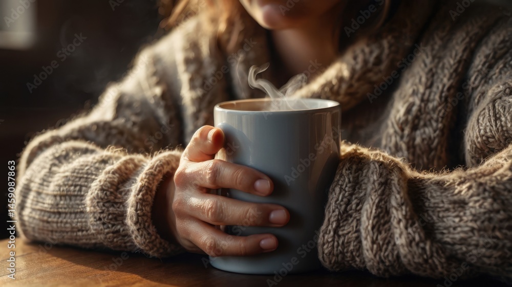 Woman holding a hot coffee mug in cozy sweater with rising steam Woman holding a hot coffee mug in cozy sweater with rising steam