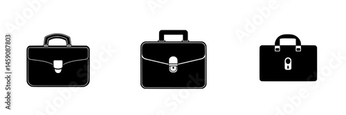 Black icons representing various styles of briefcases for business and travel needs in a minimalist design
