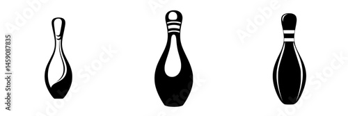 Bowling pins stand in a row as an iconic flat black illustration representing the sport of bowling in a minimalist style