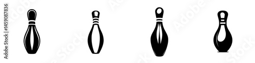 Various black bowling pin icons displaying flat designs in different orientations for graphic representation and illustrative use