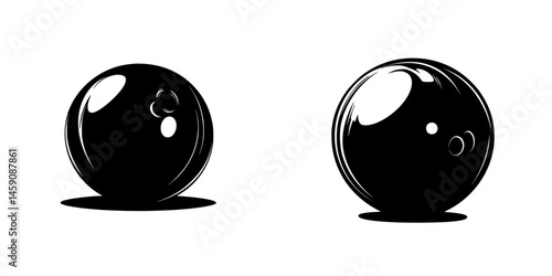Flat black bowling ball icons representing different designs and angles for graphic use in bowling-related contexts