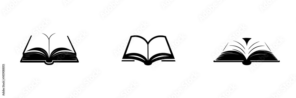Flat black book icons representing different open book designs on a white background for educational and design purposes Flat black book icons representing different open book designs on a white background for educational and design purposes