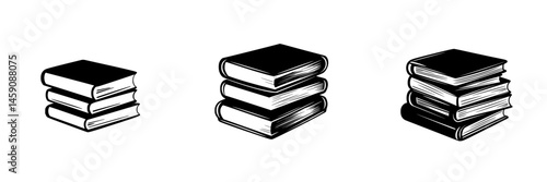 Black icon representing stacked books in three different arrangements showcasing a simple yet effective design for educational purposes