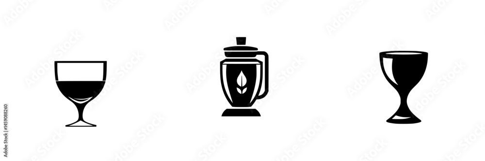 Stylized flat black icons representing different drinkware including glass, blender, and goblet in a minimalist design Stylized flat black icons representing different drinkware including glass, blender, and goblet in a minimalist design