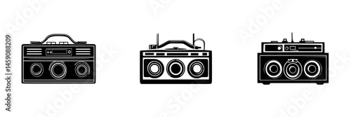 Classic flat black icons of vintage boomboxes showcasing retro design in a simple, minimalistic style