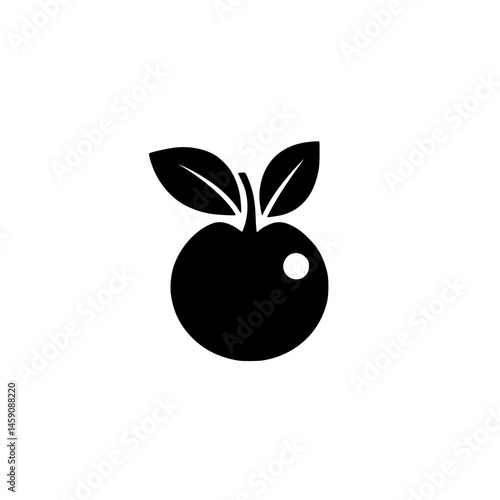Black icon of a fruit with leaves representing freshness and nature in a minimalistic design for modern illustrations or logos