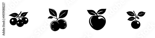 Collection of flat black fruit icons depicting cherries, apples, and berries