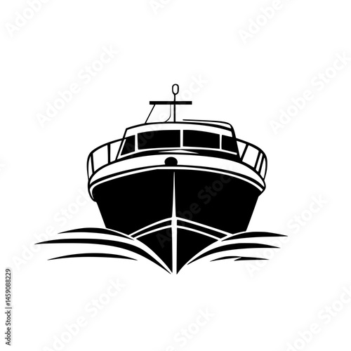 Bold black boat icon navigating through water waves during daylight