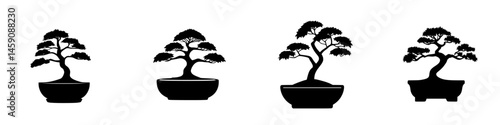 Flat black icons of various bonsai trees representing different styles and shapes suitable for design and decoration